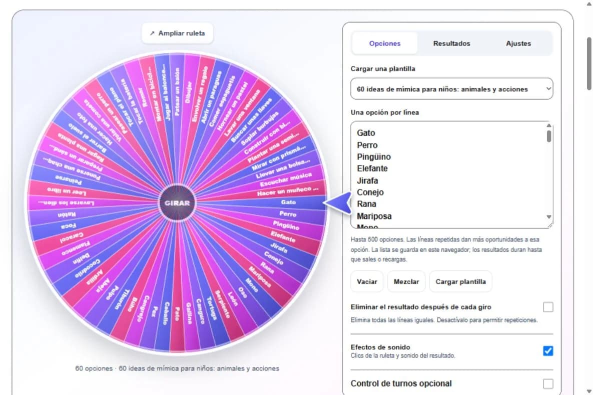 Captura de la ruleta con la lista de este artículo y los controles en español