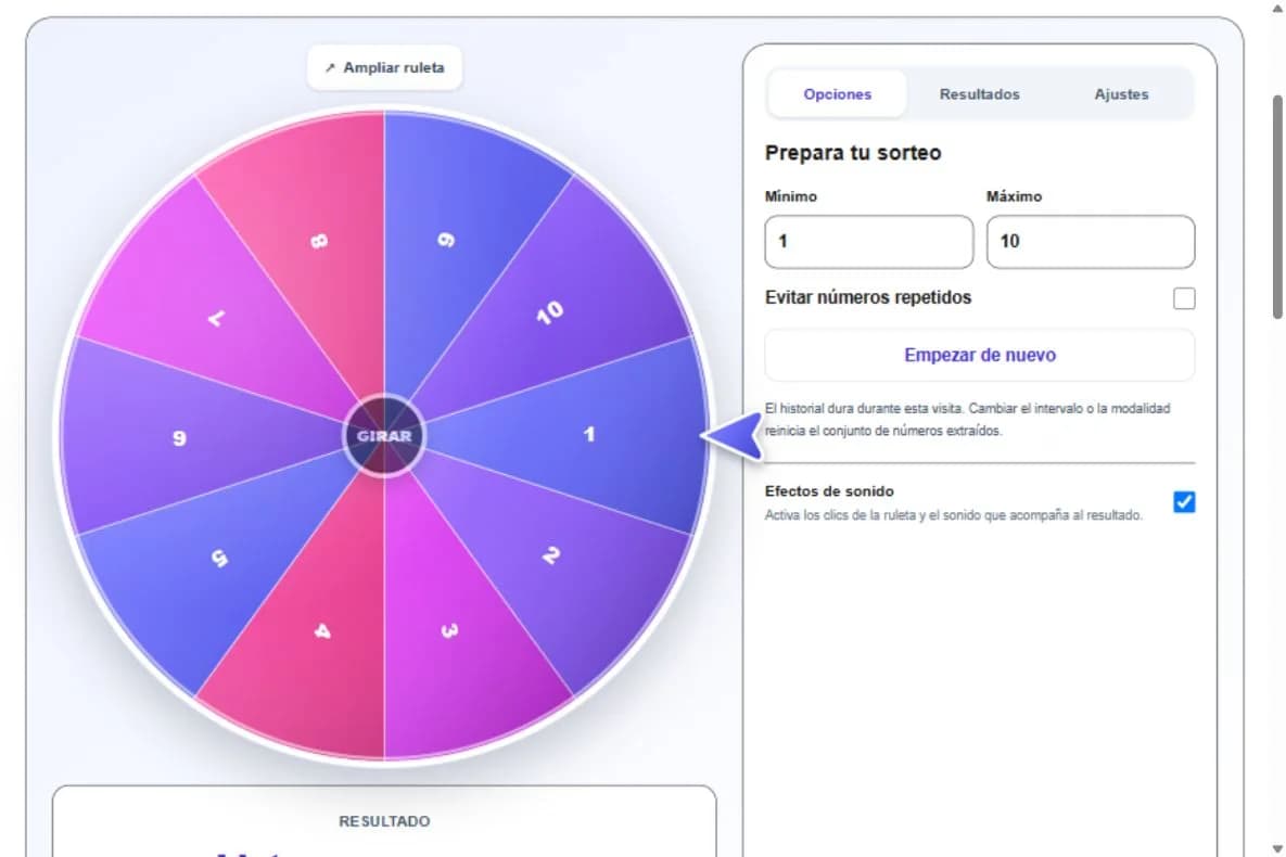 Ejemplo de la herramienta con controles y opciones en español