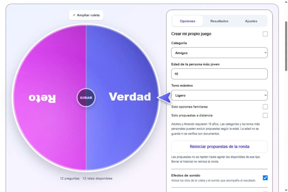 Ejemplo de la herramienta con controles y opciones en español