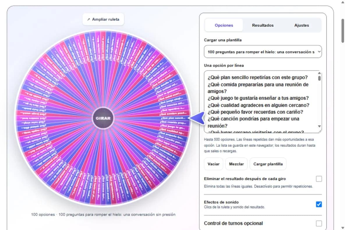 Captura de la ruleta con la lista de este artículo y los controles en español