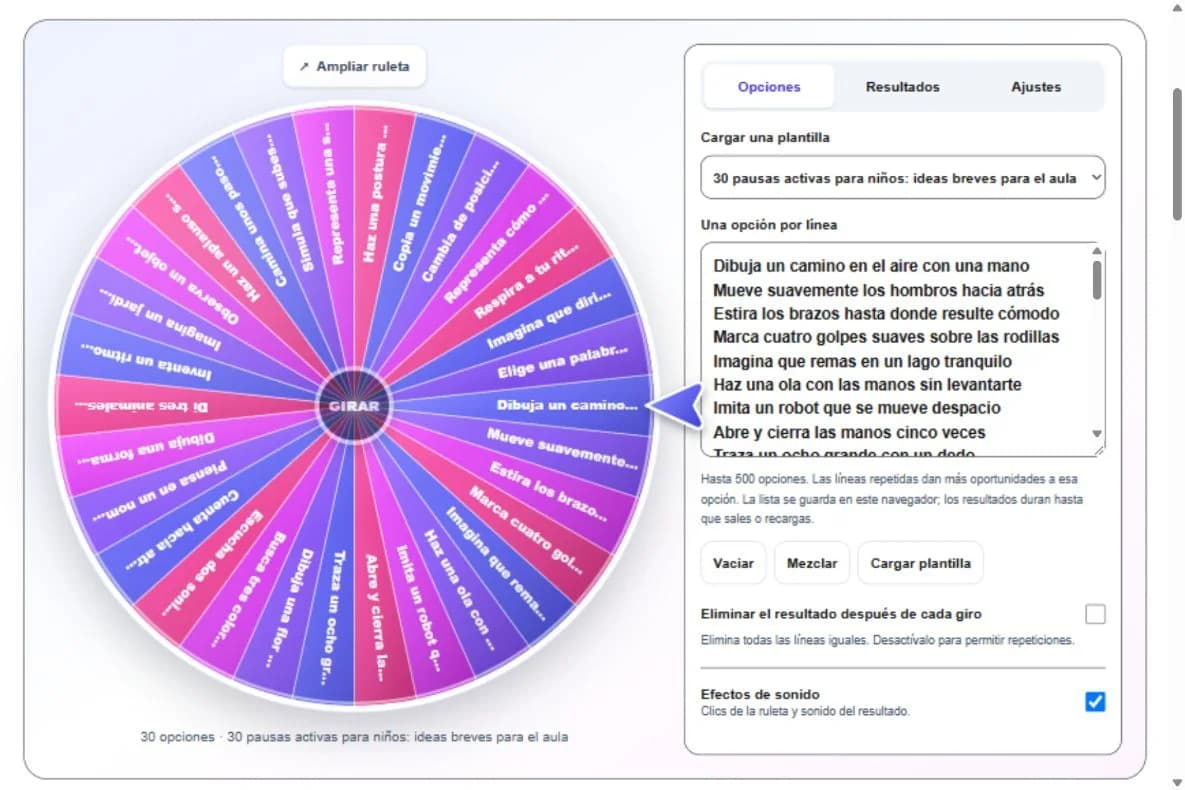 Captura de la ruleta con la lista de este artículo y los controles en español