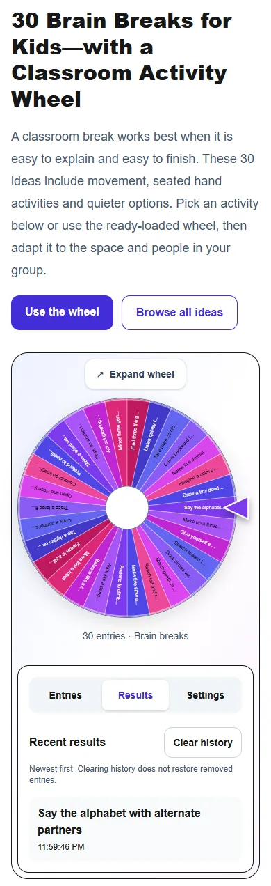 30 Brain Breaks for Kids—with a Classroom Activity Wheel: phone layout showing the Results panel