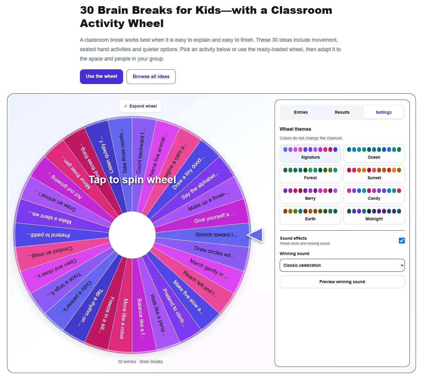 30 Brain Breaks for Kids—with a Classroom Activity Wheel: Settings panel with themes and sound controls