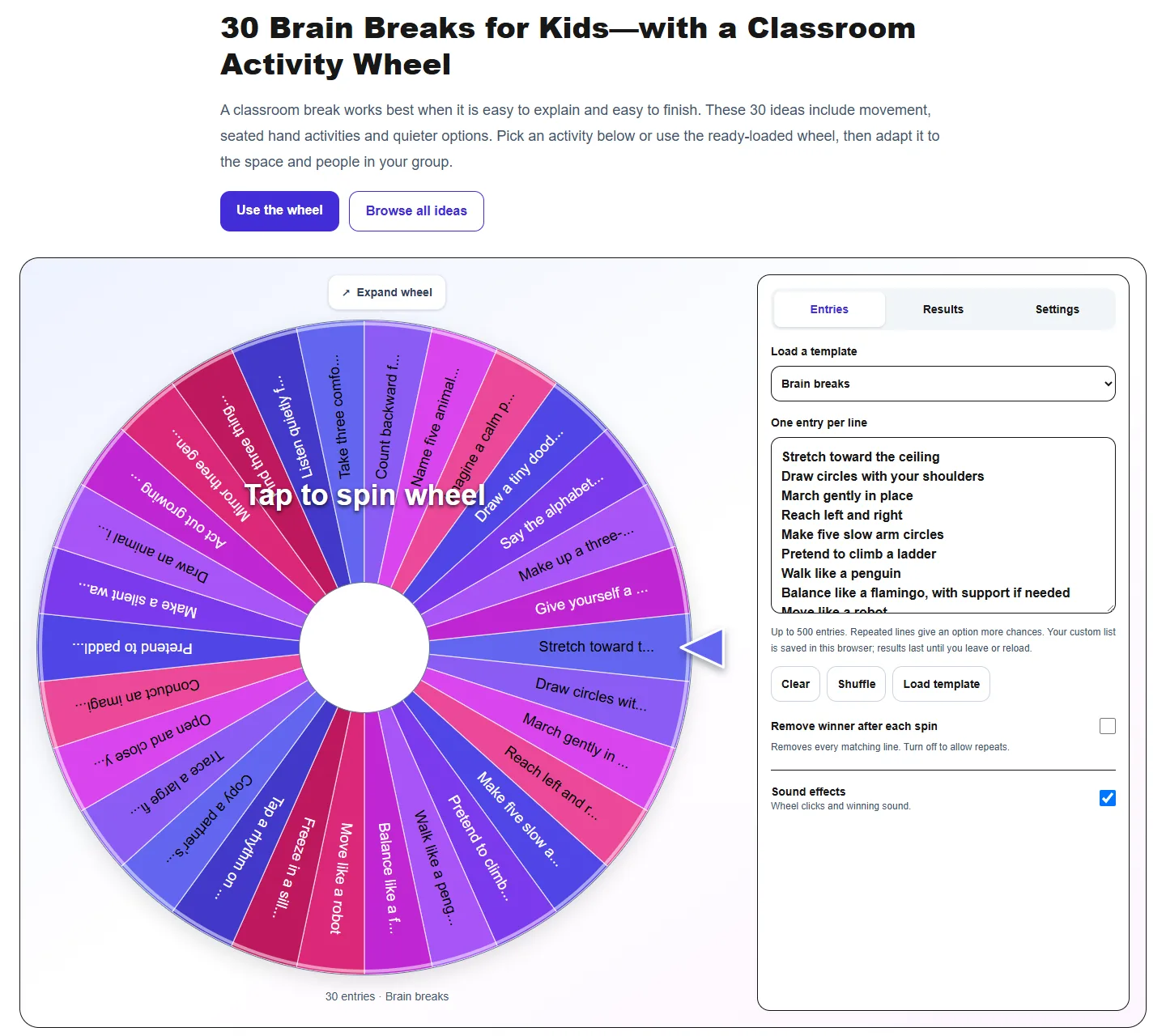 30 Brain Breaks for Kids—with a Classroom Activity Wheel: desktop setup and controls