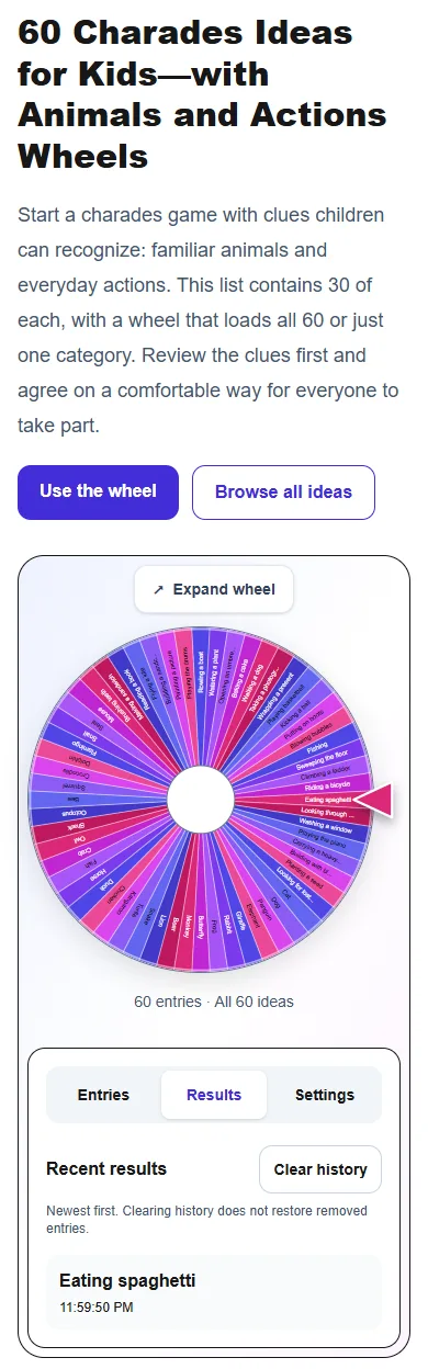 60 Charades Ideas for Kids—with Animals and Actions Wheels: phone layout showing the Results panel
