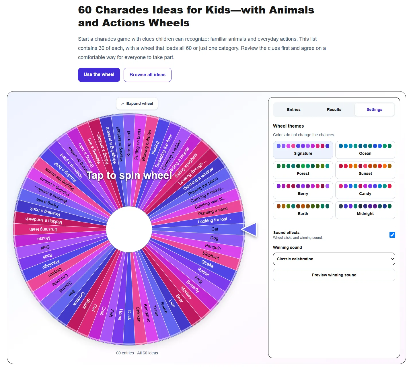 60 Charades Ideas for Kids—with Animals and Actions Wheels: Settings panel with themes and sound controls