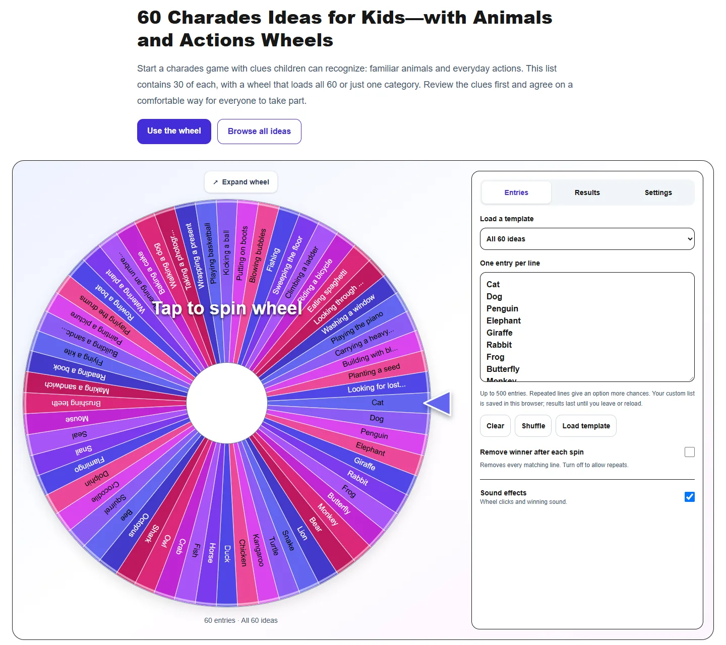 60 Charades Ideas for Kids—with Animals and Actions Wheels: desktop setup and controls