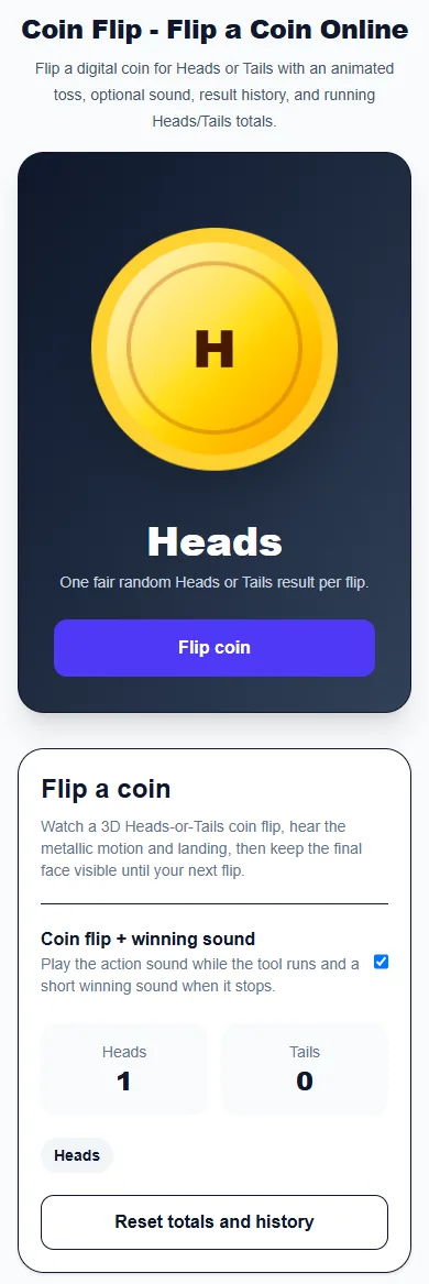 Coin Flip - Flip a Coin Online: phone layout with a completed example