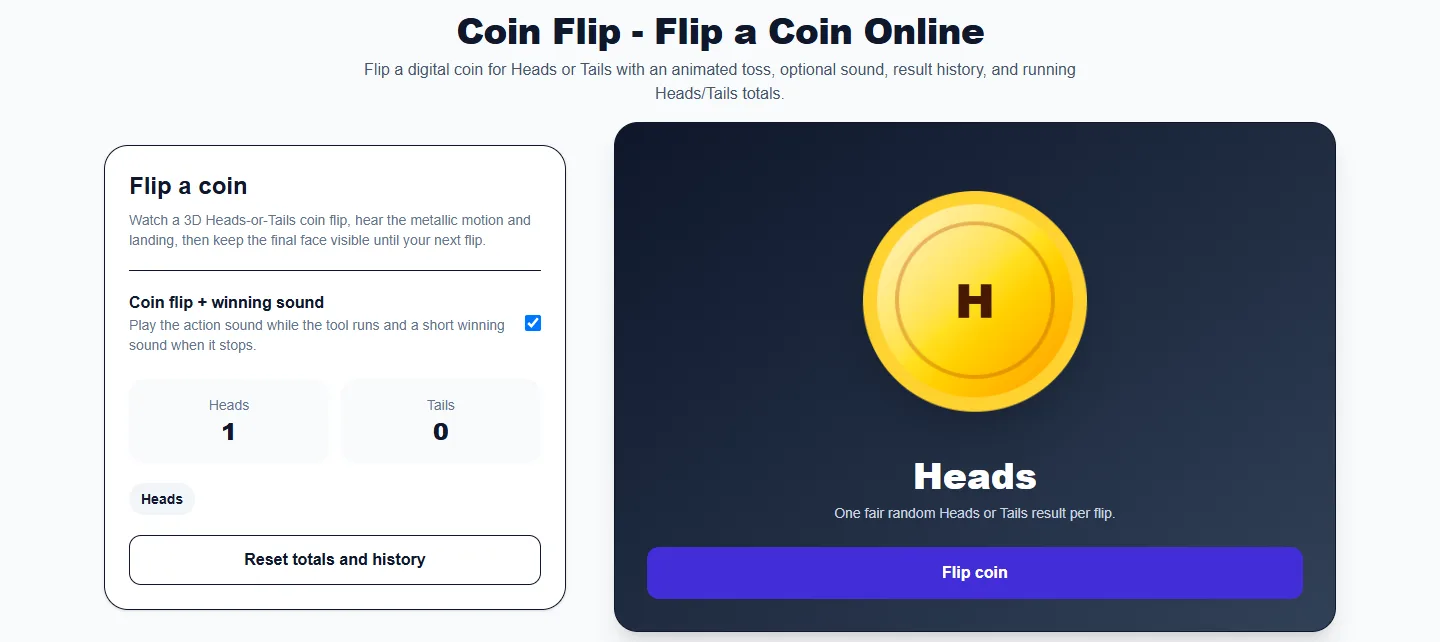 Coin Flip - Flip a Coin Online: completed example and available controls