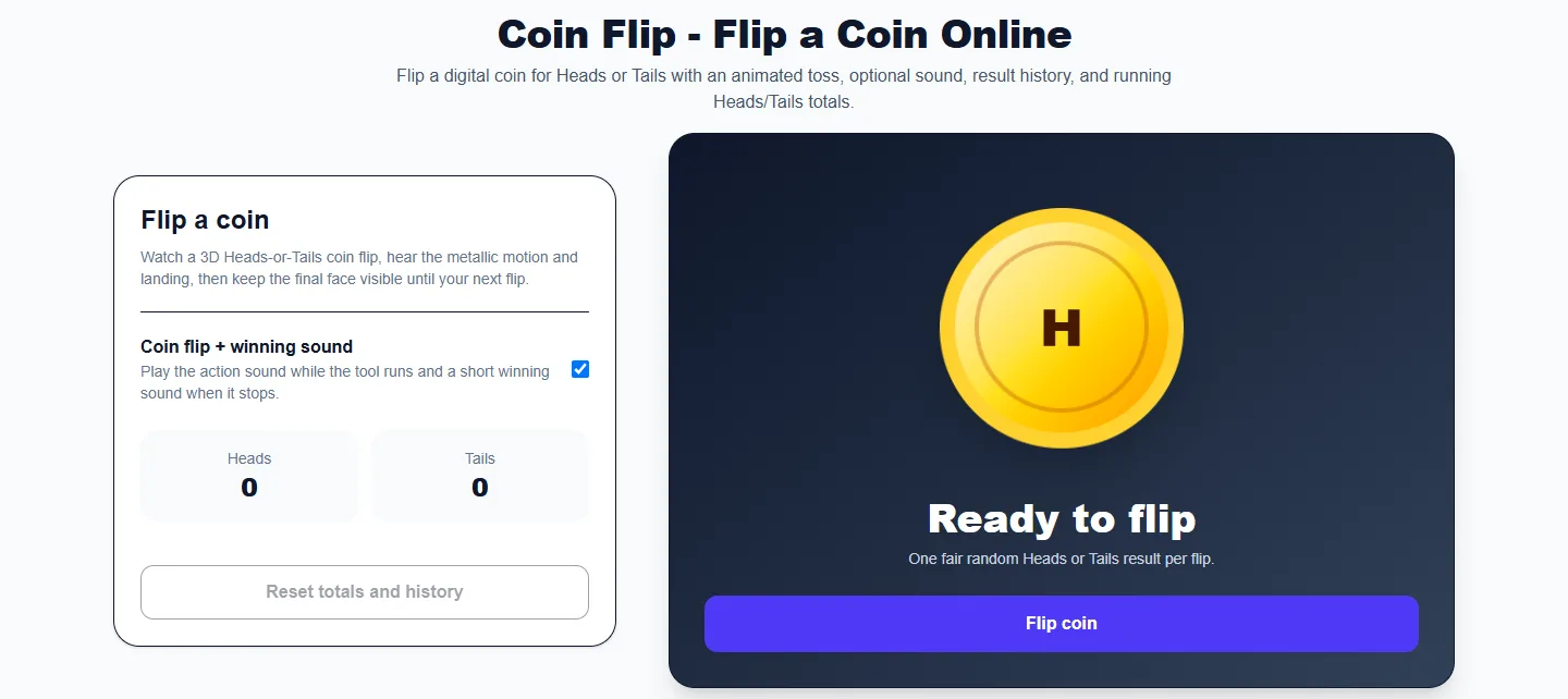Coin Flip - Flip a Coin Online: desktop setup and controls
