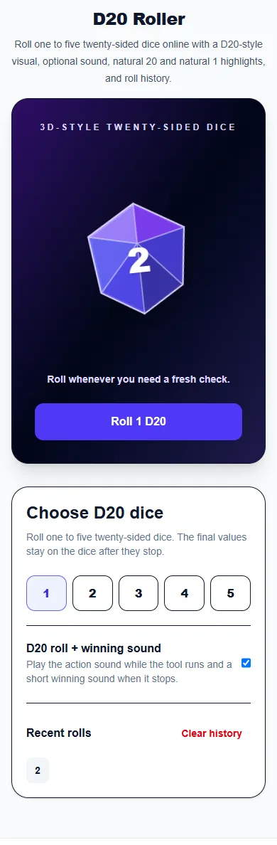 D20 Roller: phone layout with a completed example