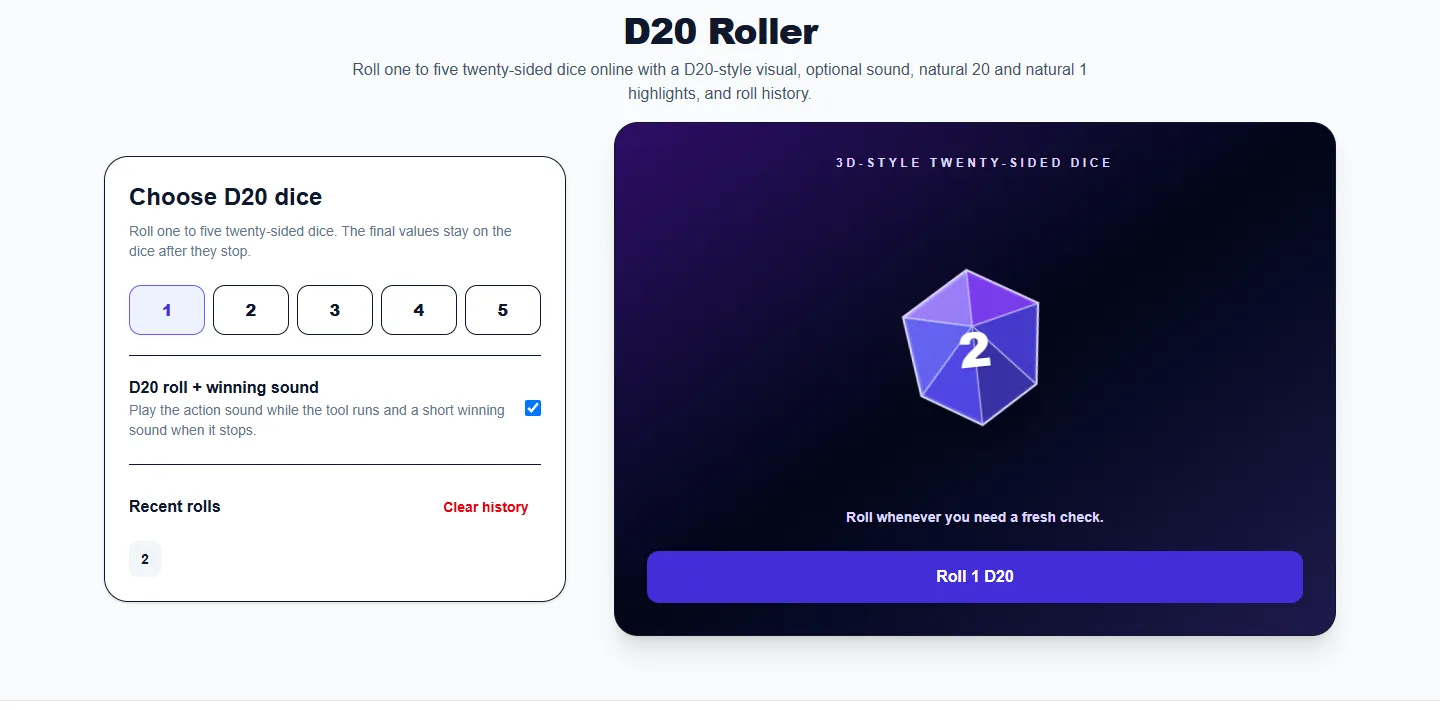 D20 Roller: completed example and available controls