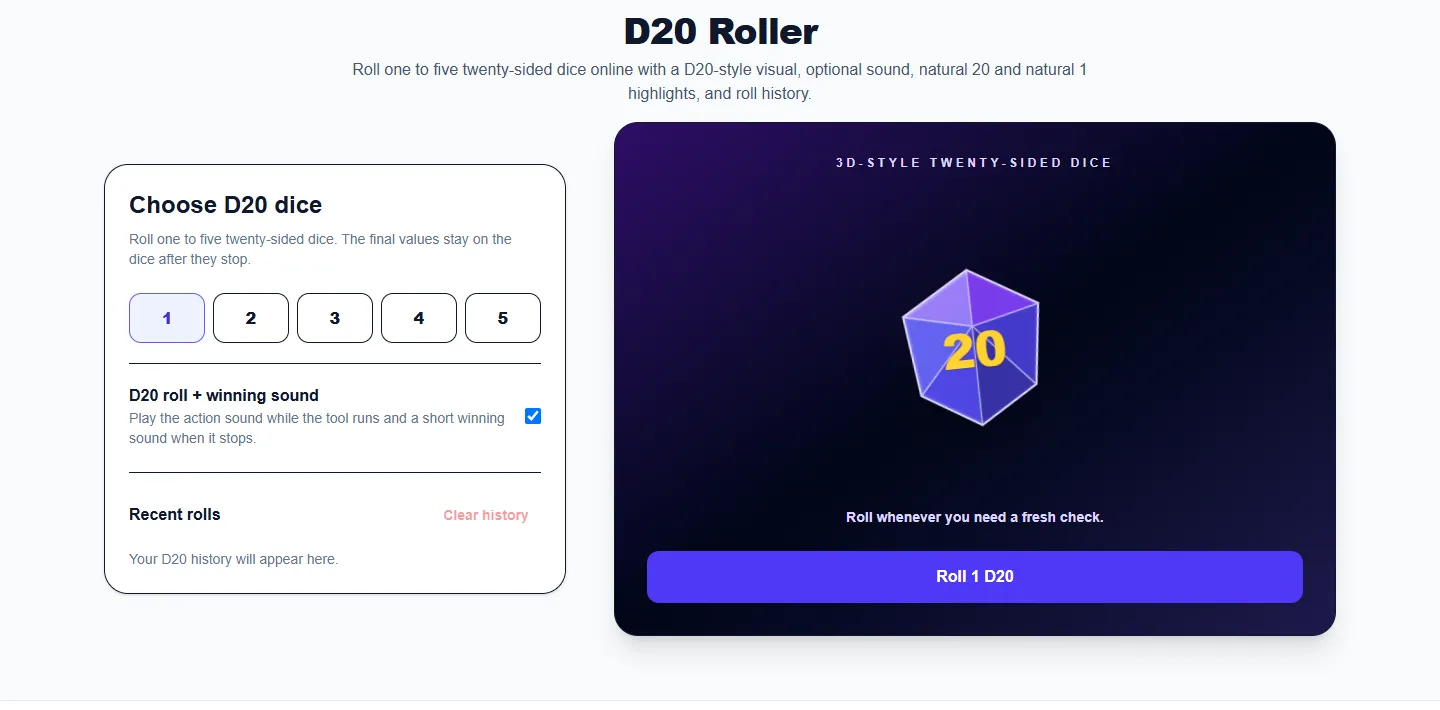D20 Roller: desktop setup and controls