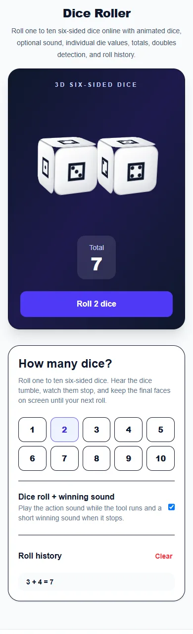 Dice Roller: phone layout with a completed example