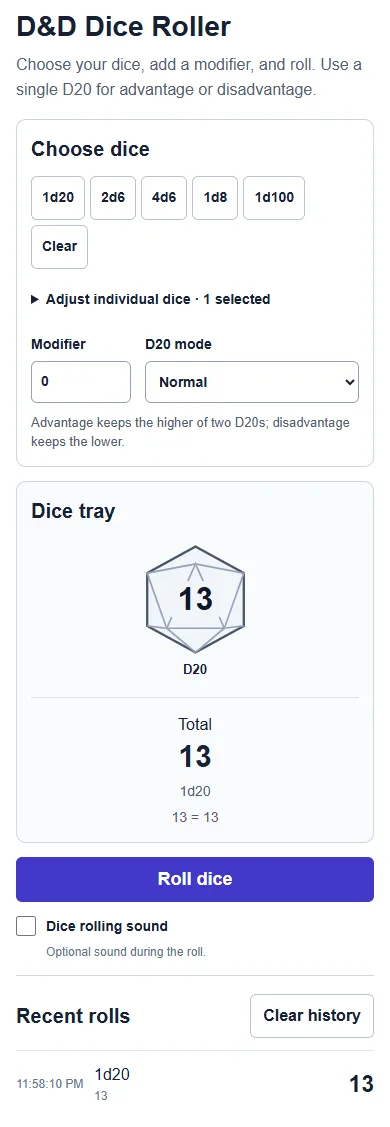 D&D Dice Roller: phone layout with a completed example