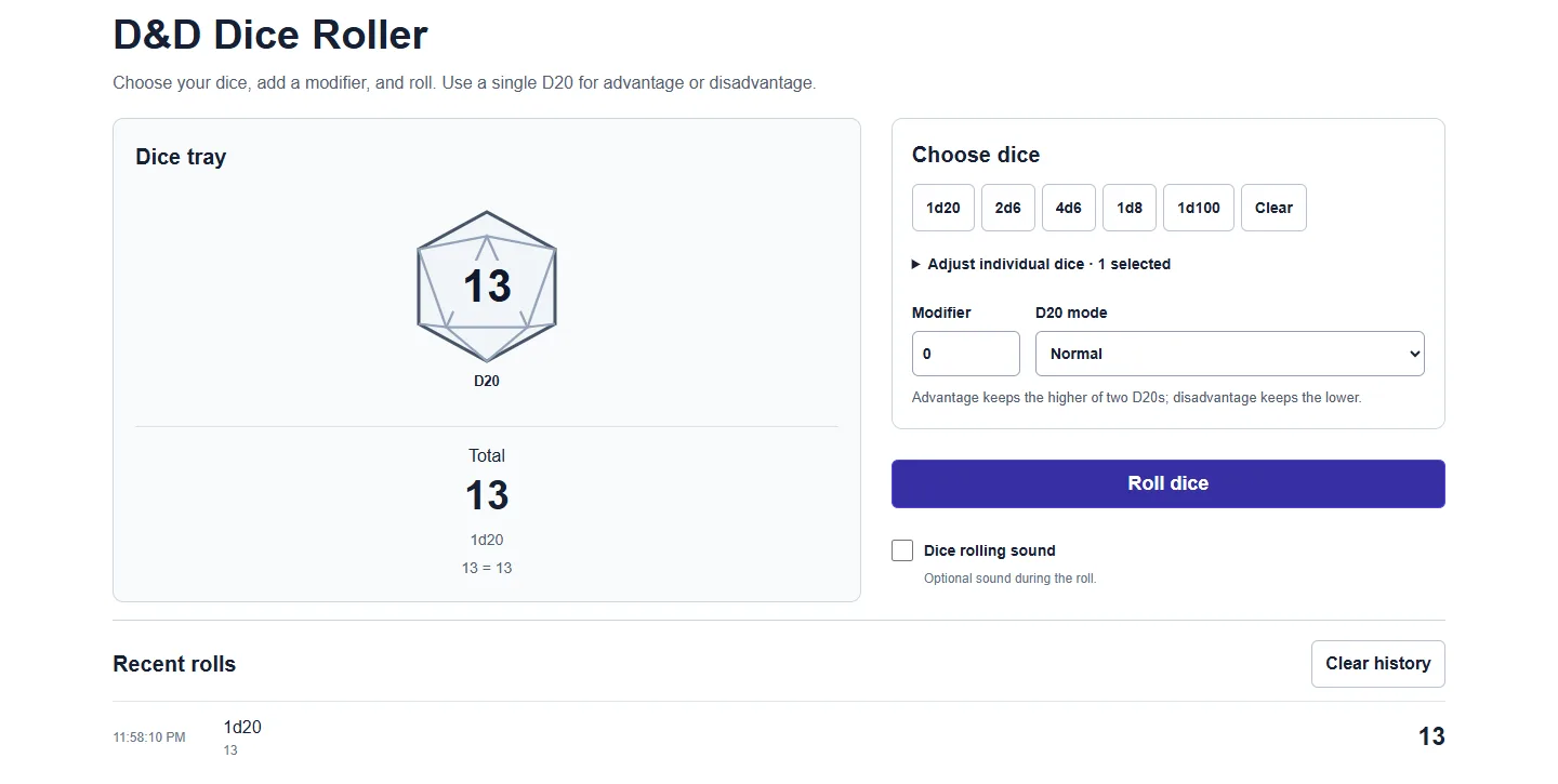 D&D Dice Roller: completed example and available controls