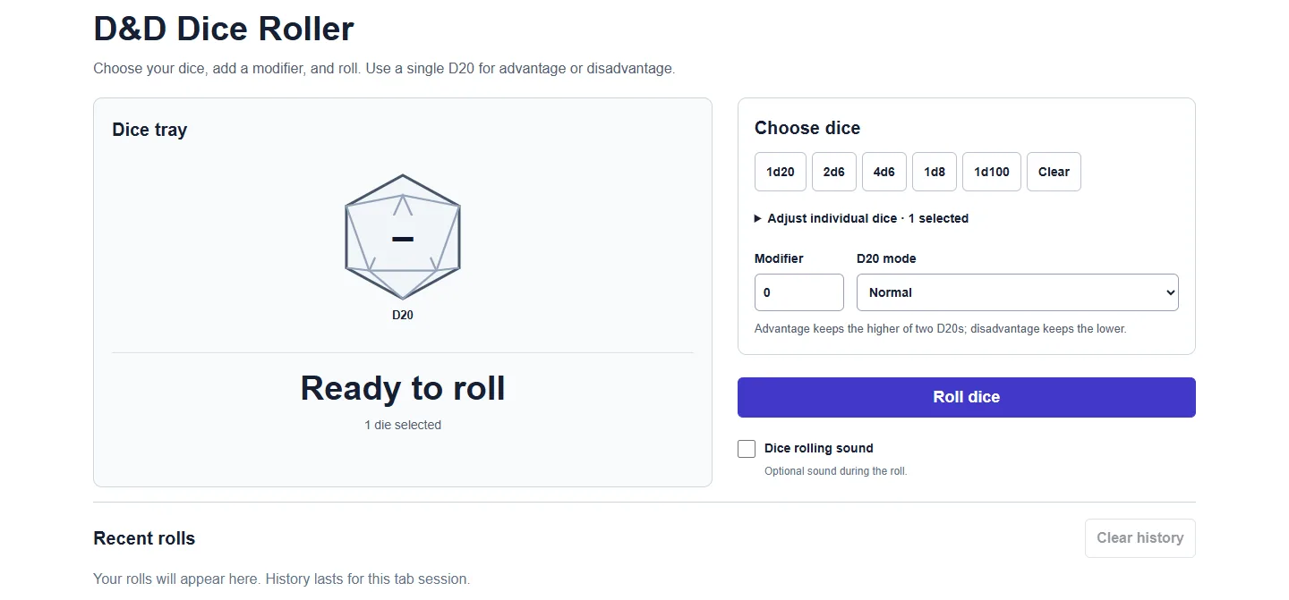 D&D Dice Roller: desktop setup and controls