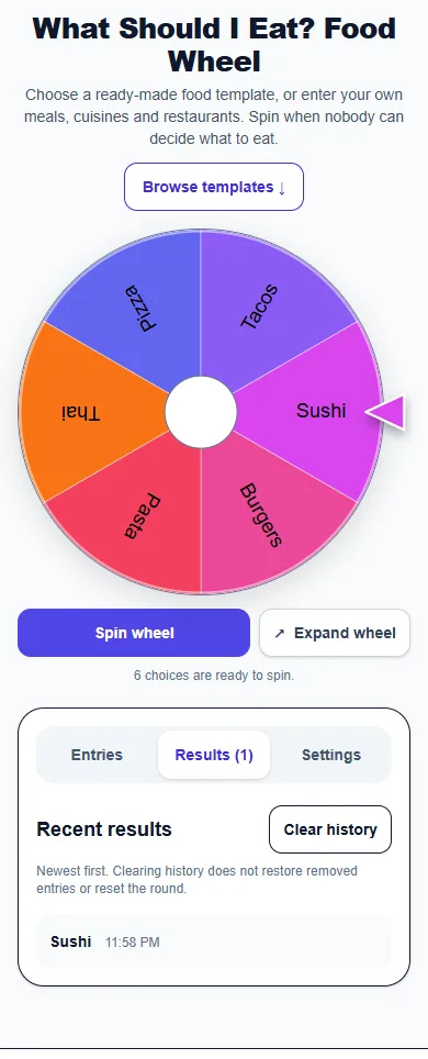 What Should I Eat? Food Wheel: phone layout showing the Results panel