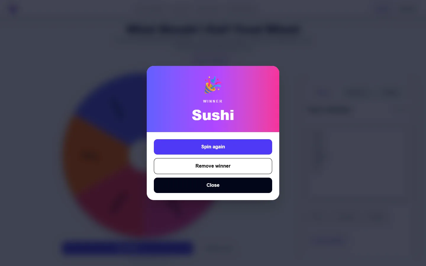 What Should I Eat? Food Wheel: completed example and available controls
