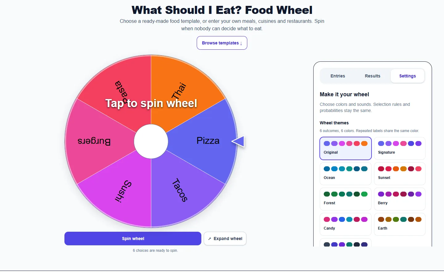 What Should I Eat? Food Wheel: Settings panel with themes and sound controls