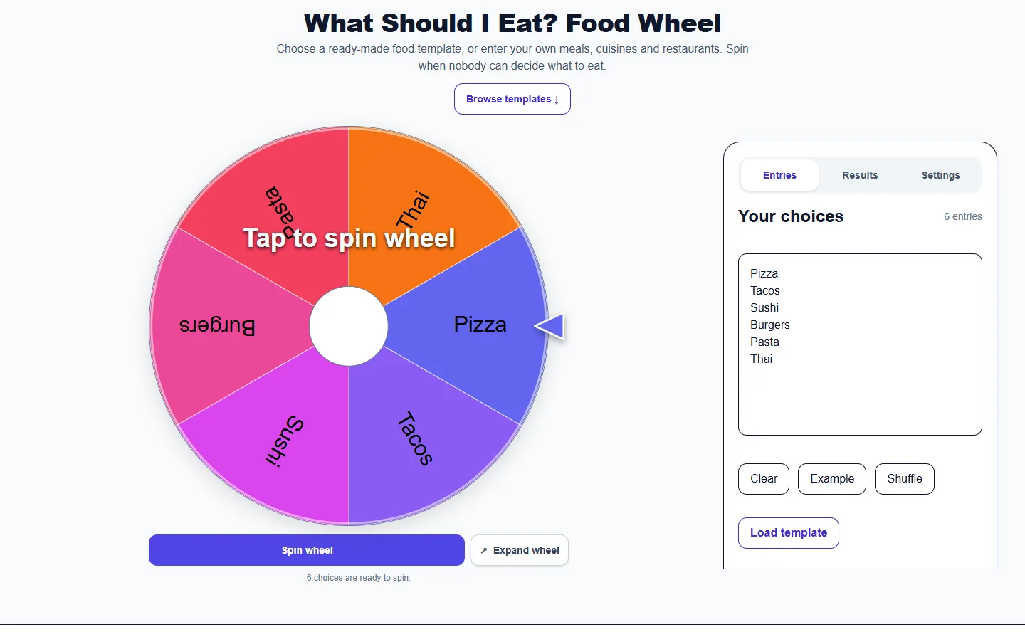 What Should I Eat? Food Wheel: desktop setup and controls
