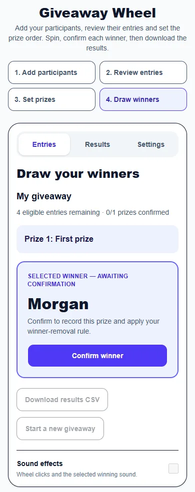 Giveaway Wheel: phone layout with a completed example