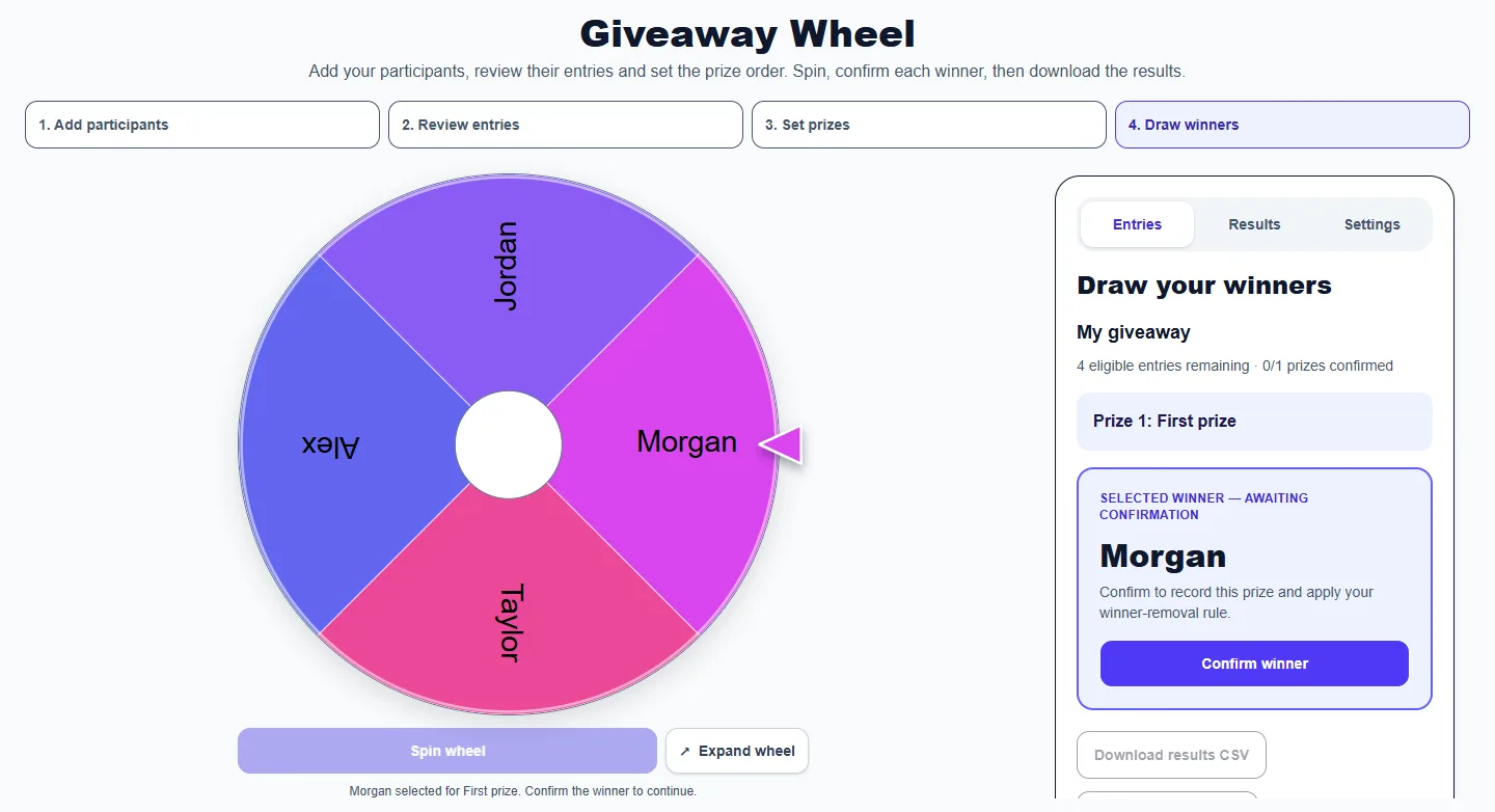 Giveaway Wheel: completed example and available controls