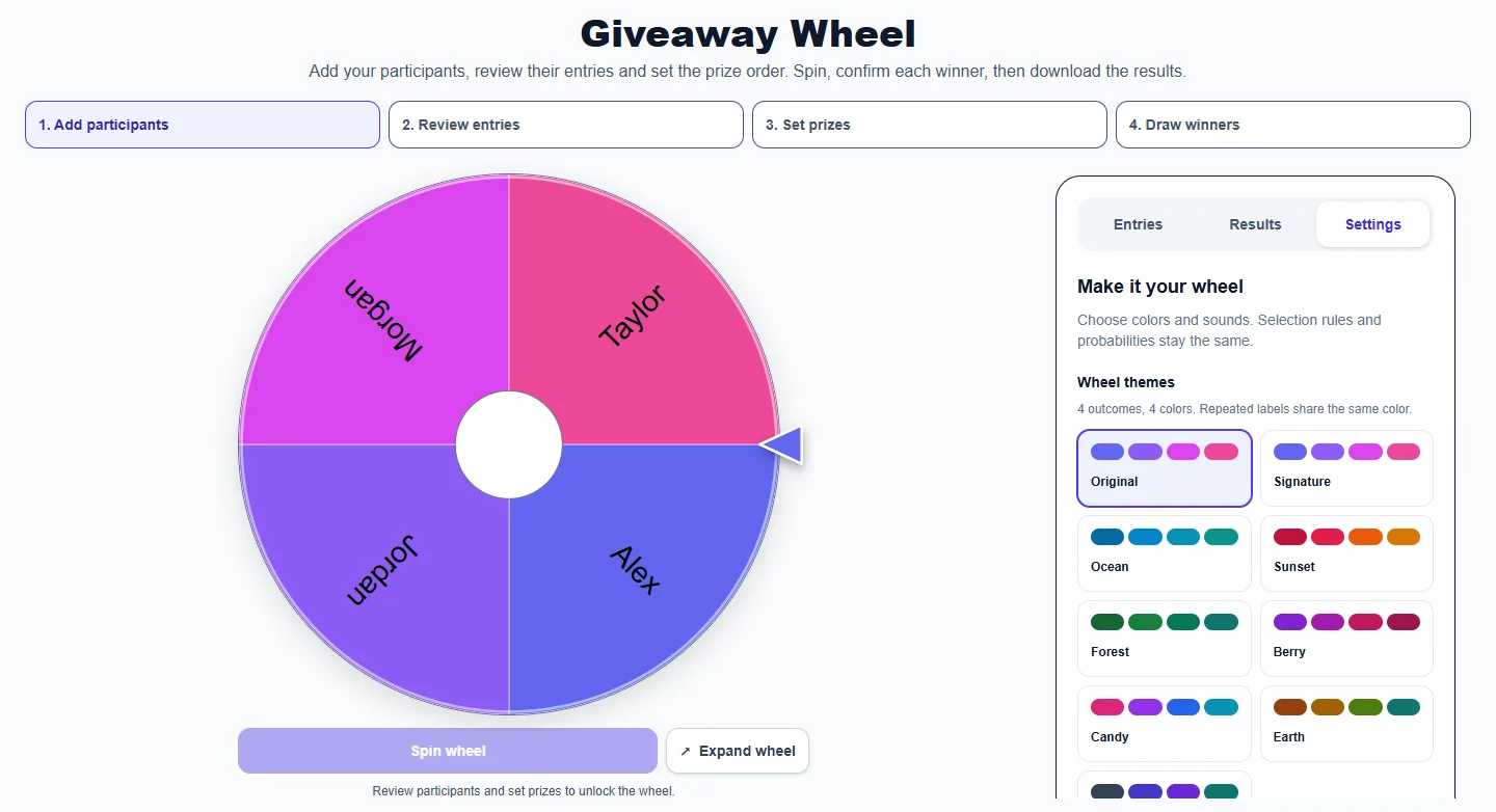 Giveaway Wheel: Settings panel with themes and sound controls