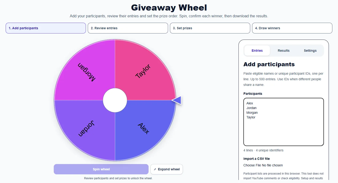 Giveaway Wheel: desktop setup and controls