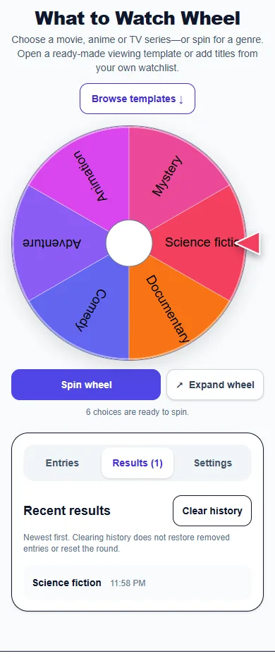 What to Watch Wheel: phone layout showing the Results panel