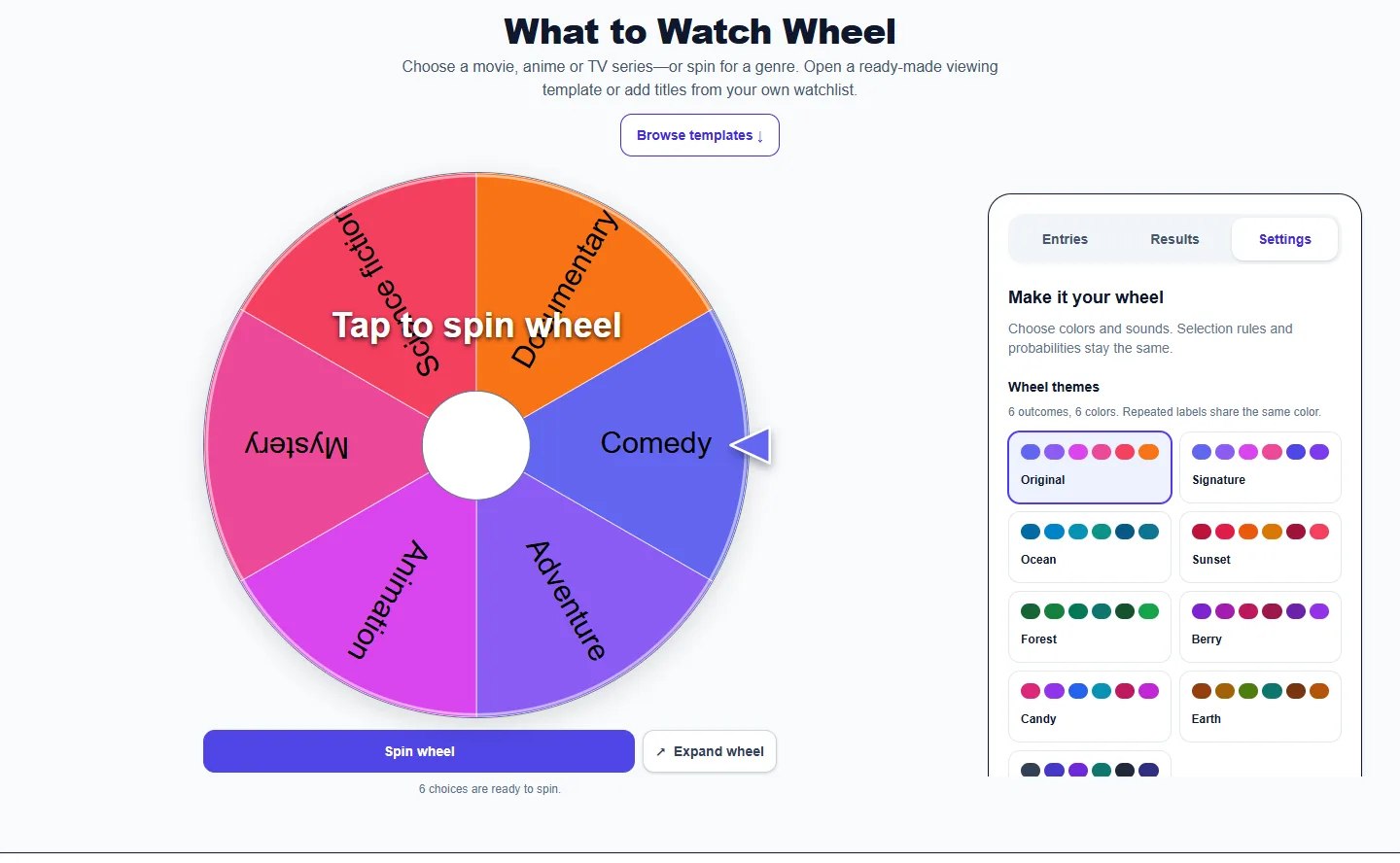 What to Watch Wheel: Settings panel with themes and sound controls