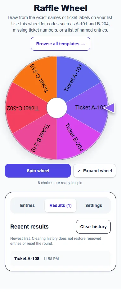 Raffle Wheel: phone layout showing the Results panel