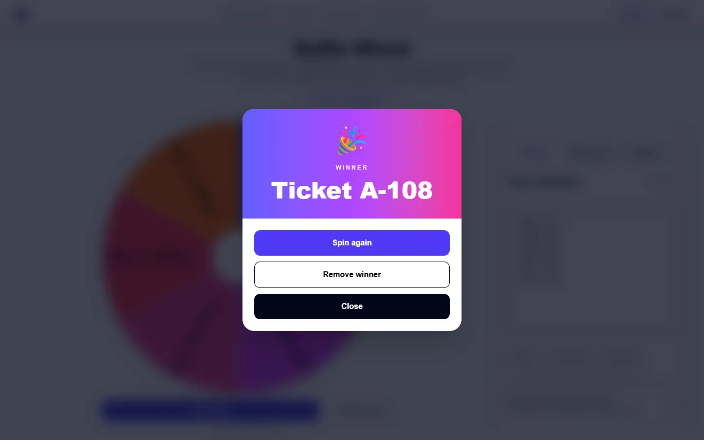 Raffle Wheel: completed example and available controls