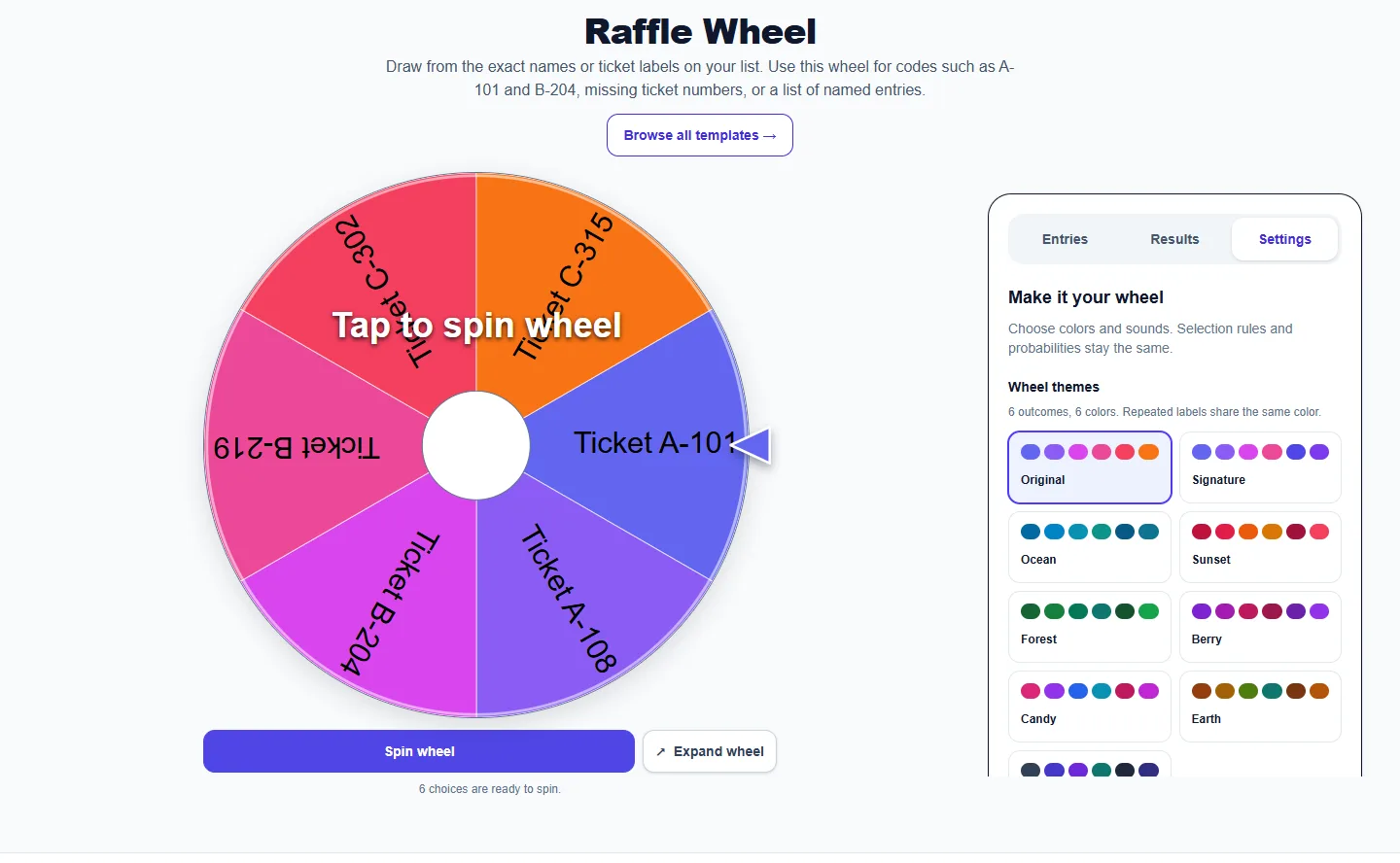 Raffle Wheel: Settings panel with themes and sound controls