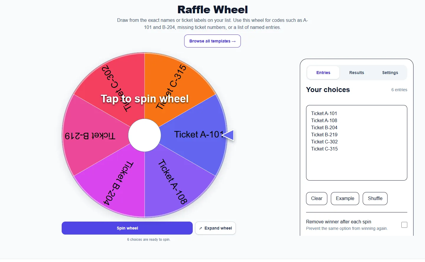 Raffle Wheel: desktop setup and controls