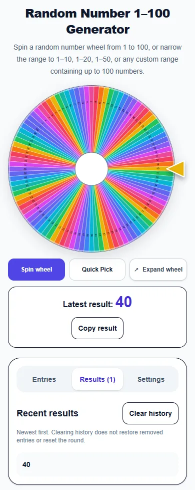 Random Number 1–100 Generator: phone layout showing the Results panel