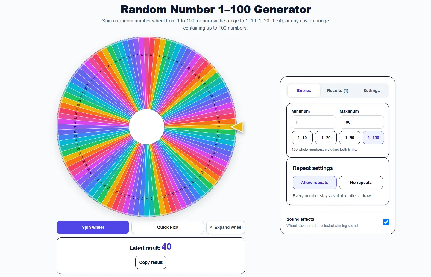 Random Number 1–100 Generator: completed example and available controls