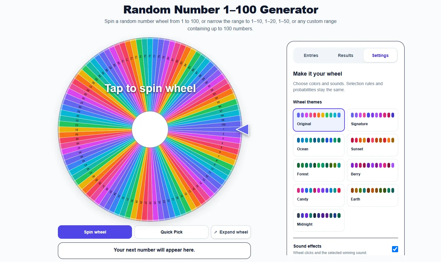 Random Number 1–100 Generator: Settings panel with themes and sound controls