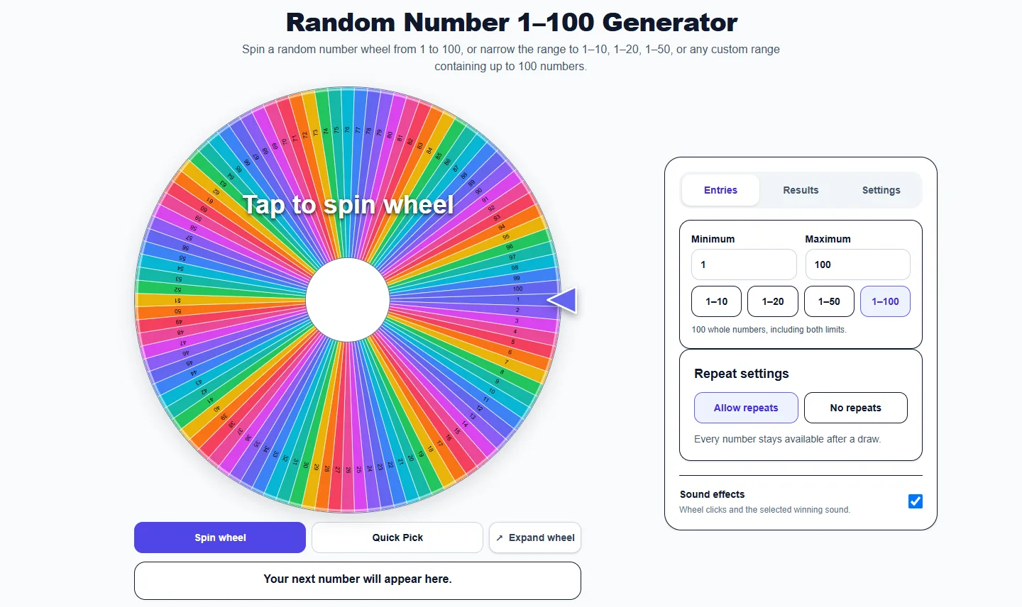 Random Number 1–100 Generator: desktop setup and controls