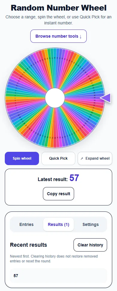 Random Number Wheel: phone layout showing the Results panel