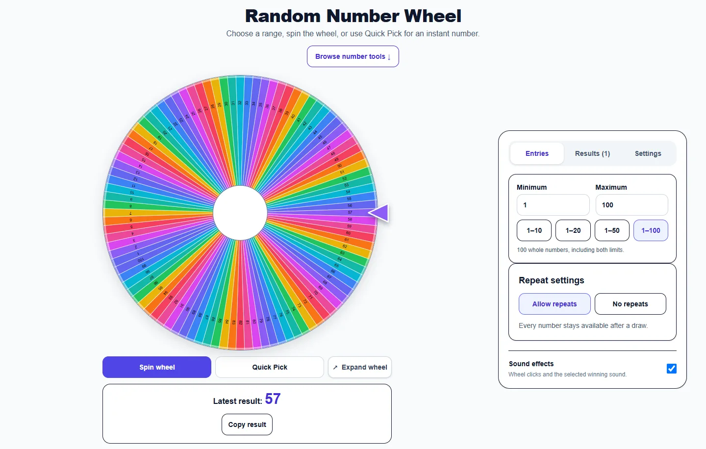 Random Number Wheel: completed example and available controls