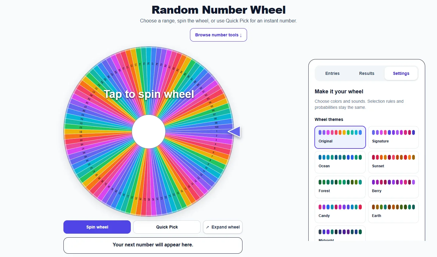 Random Number Wheel: Settings panel with themes and sound controls