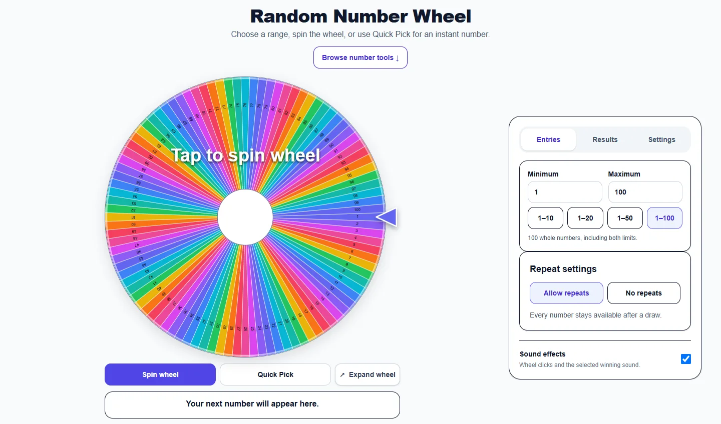 Random Number Wheel: desktop setup and controls
