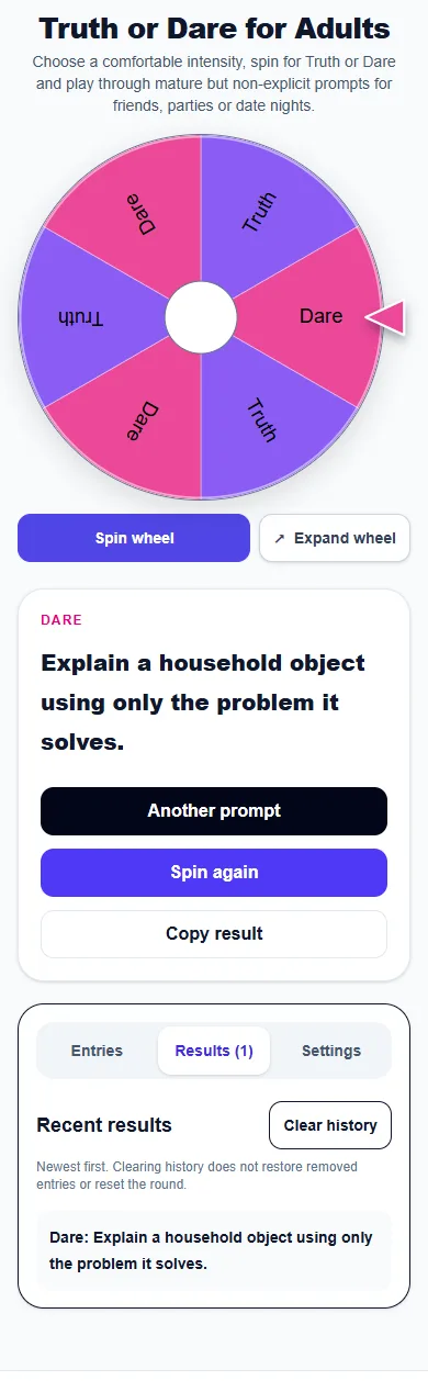 Truth or Dare for Adults: phone layout showing the Results panel
