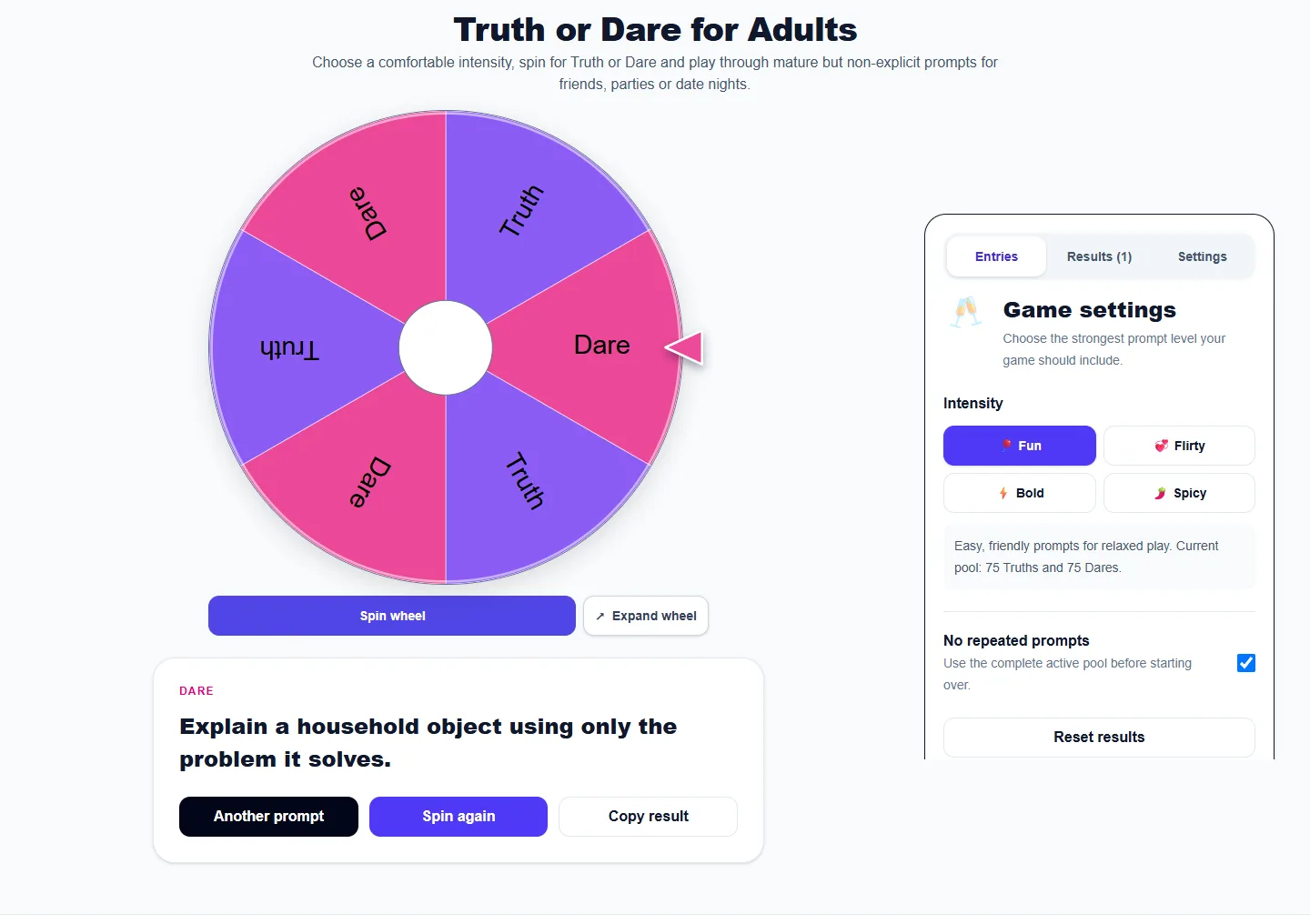 Truth or Dare for Adults: completed example and available controls
