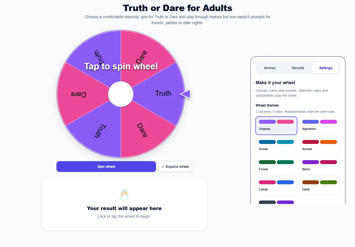 Truth or Dare for Adults: Settings panel with themes and sound controls