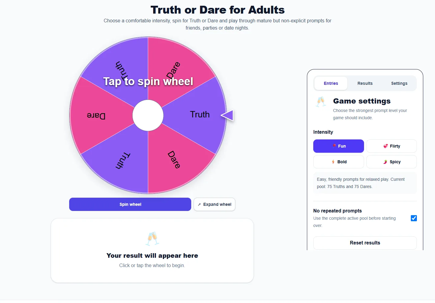 Truth or Dare for Adults: desktop setup and controls