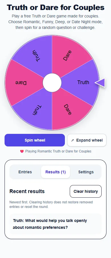 Truth or Dare for Couples: phone layout showing the Results panel