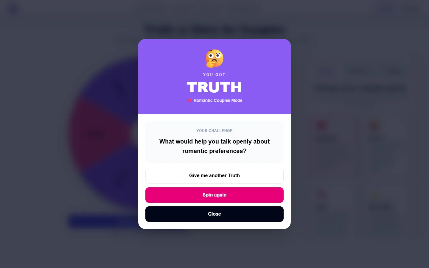 Truth or Dare for Couples: completed example and available controls