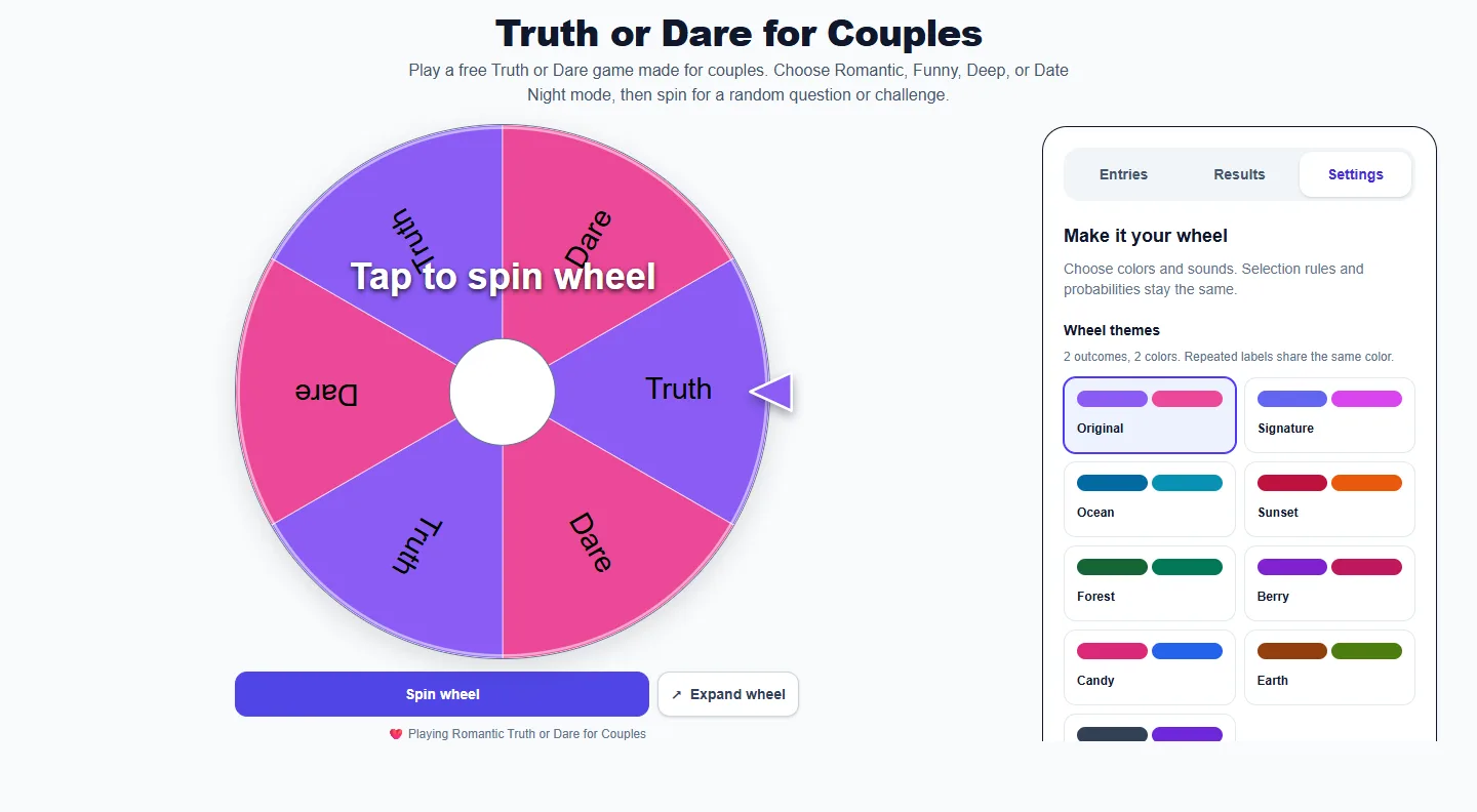 Truth or Dare for Couples: Settings panel with themes and sound controls